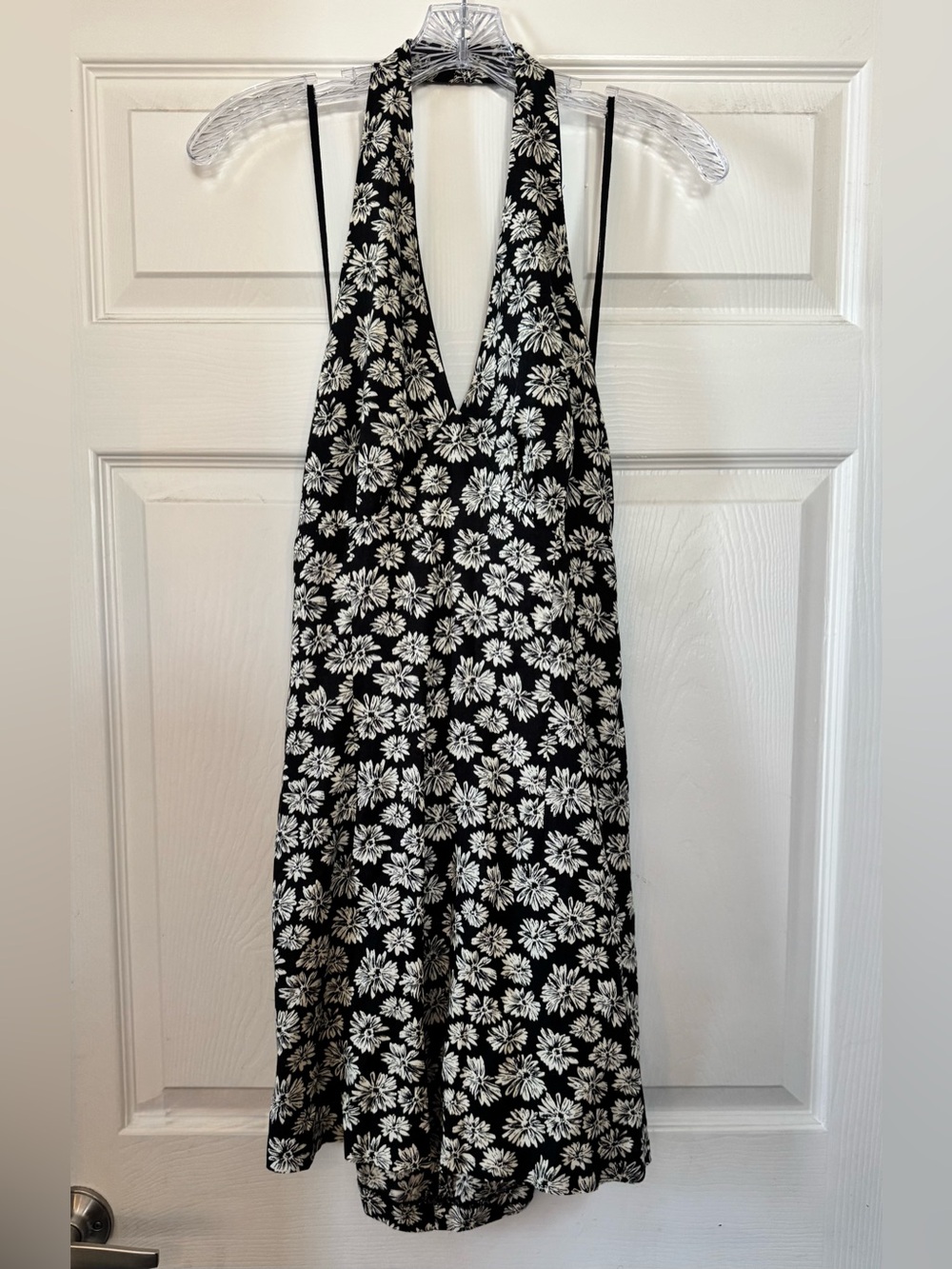 Vintage Dawn Joy Fashions Black White Floral Halter Mini Dress Made in USA Size